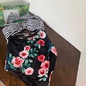 CUPSHE floral/stripe cutout halter one piece